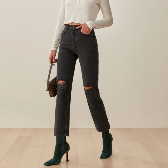 REFORMATION Cynthia High Rise Straight Jeans in Black - Picture 1 of 10